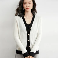 21 spring autumn new v neck 100 pure wool knitted cardigan womens color matching single breasted slim large size all match top