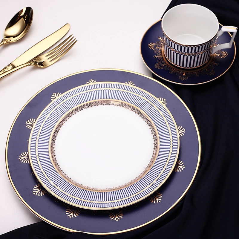 

European-style High-End Blue Tableware Set Neo-Classical Outline in Gold Western Dinner Plate Set Ceramic Steak Flat Plates