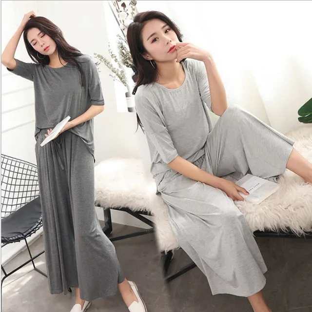 Dark gray Модальные пижамы комплекты из двух предметов Женская Осенняя хлопковая Домашняя одежда Женская Повседневная Свободная футболка+ девять широкие брюки пижамы плюс размер - Цвет: Dark gray
