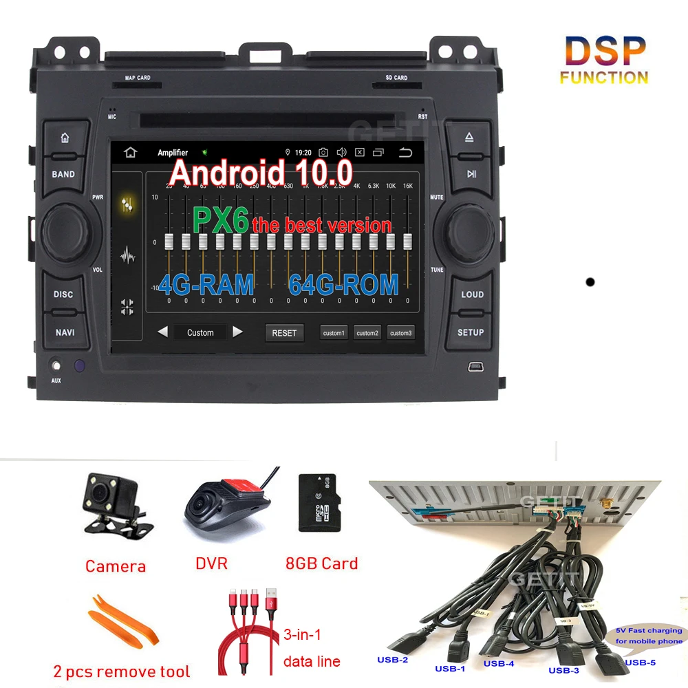 5 USB DSP Android 10 автомобильный DVD стерео радио плеер GPS Navi для TOYOTA PRADO Cruiser 120 (2003