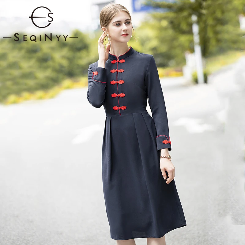SEQINYY уличное платье осенне-зимнее Новое модное дизайнерское женское платье с красной пуговицей темно-синего цвета до колена ТРАПЕЦИЕВИДНОЕ Повседневное платье