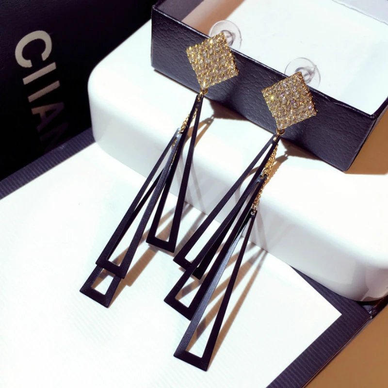 Корейские серьги геометрические стразы с кисточками женские модные ювелирные