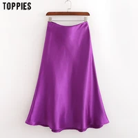toppies summer purple satin skirts womens a line midi skirts high waist solid color streetwear