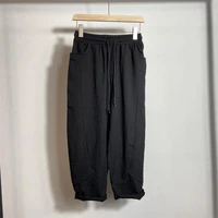 mens casual pants straight pants wide leg pants summer new solid color elastic waist flax fabric roll design loose fashion