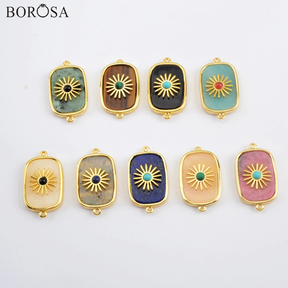 

BOROSA Bohemia Natural Stones Necklace Pendant with Gold Color Sun Rectangle Gems Stones Connector for Bracelets Making WX1624