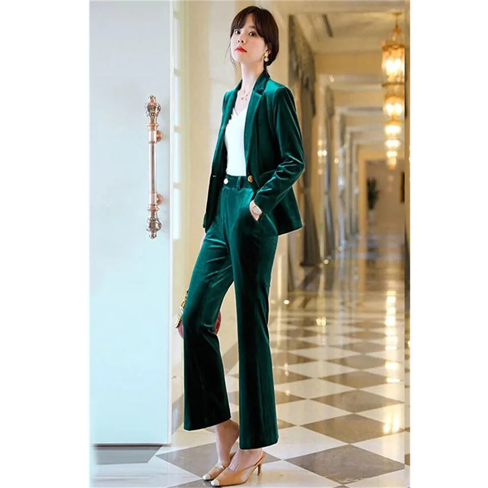 2 шт. вельветовые деловые брючные костюмы с отворотами Женский костюм зеленого