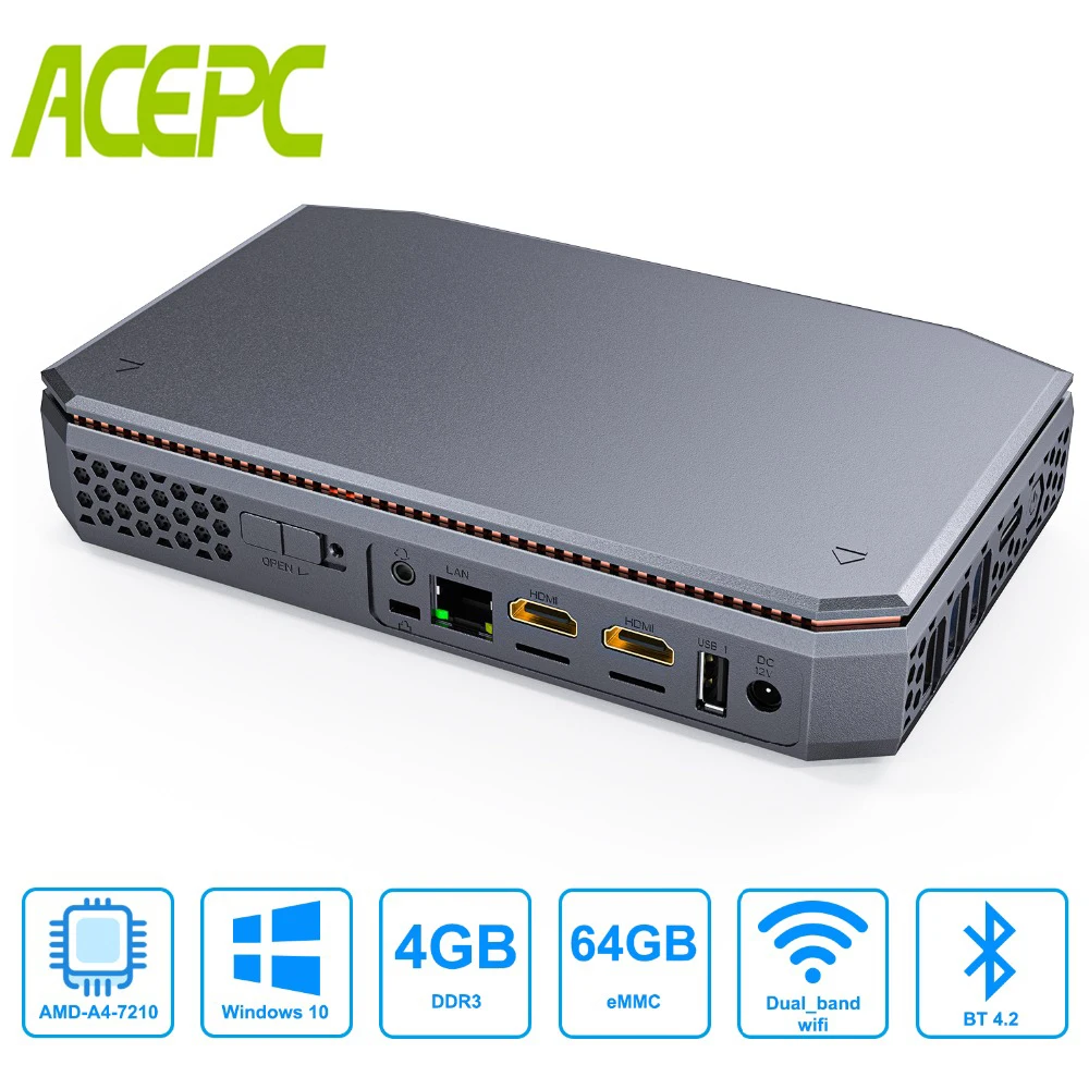 ACEPC безвентиляторный мини-компьютер AMD Windows 10 двойной Wi-Fi T13 DDR3 неттоп BT4.2 300 м HDMI