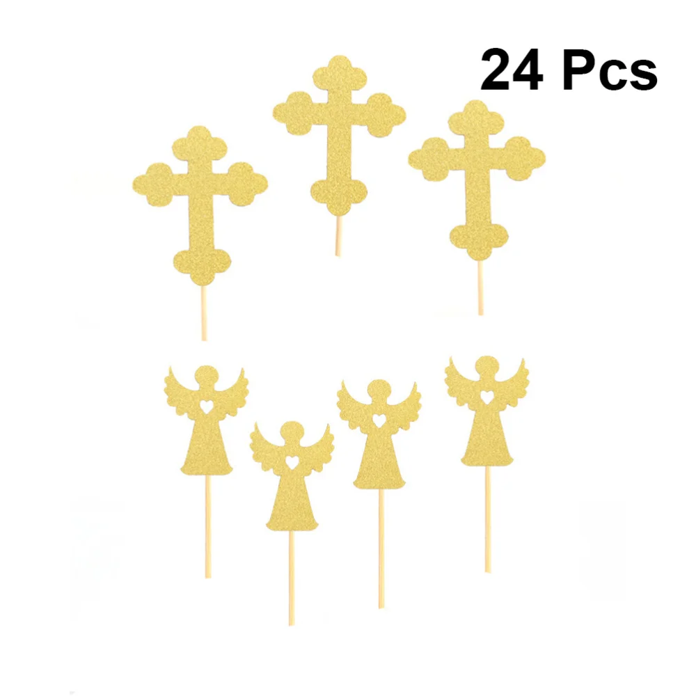 

24pcs Cross and Angel Shaped Cake Toppers Paper Cake Picks Cupcake Decor Party Supplies (12pcs Cross+12pcs Angel)