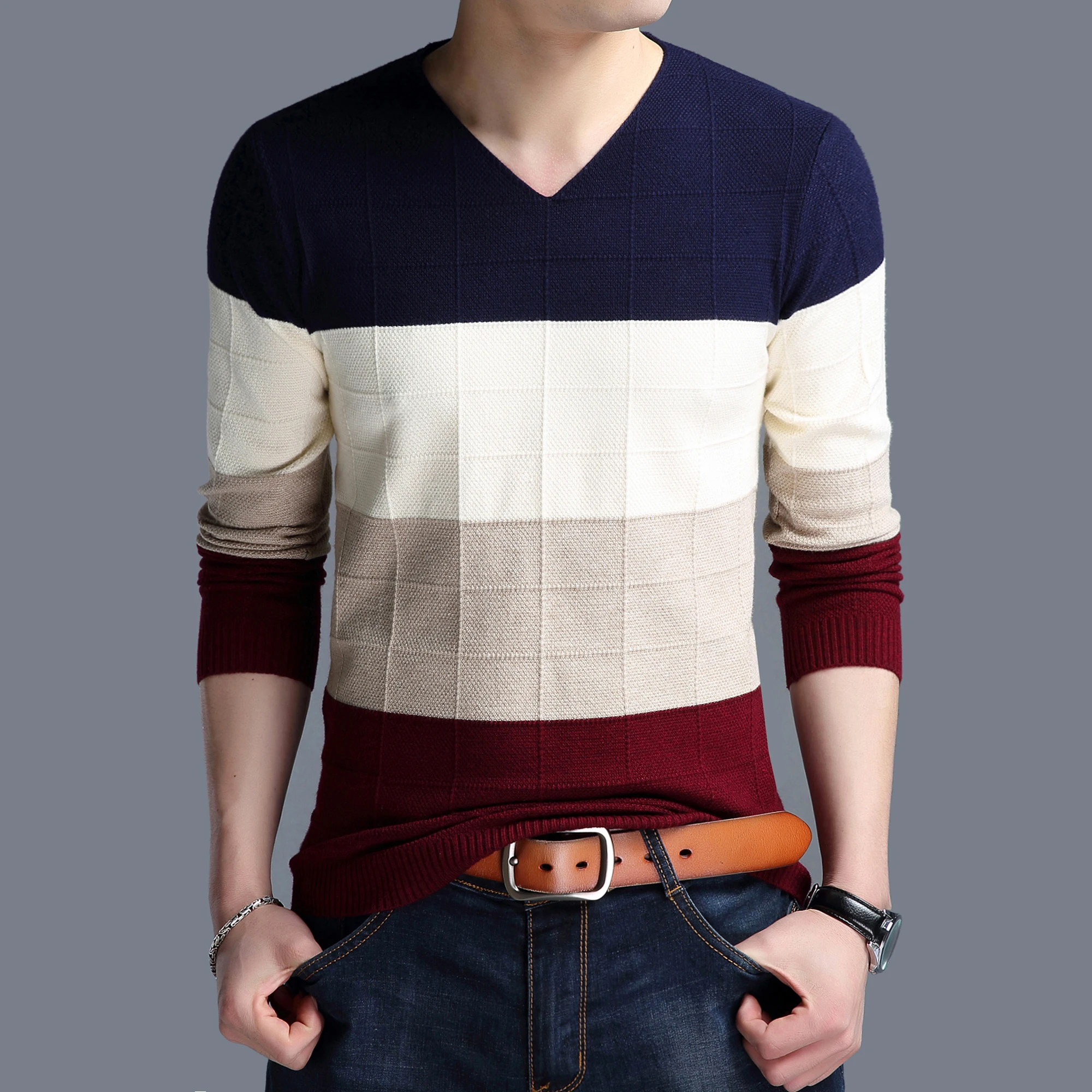 Мужской трикотажный свитер с V образным вырезом длинным рукавом|Джемперы| |