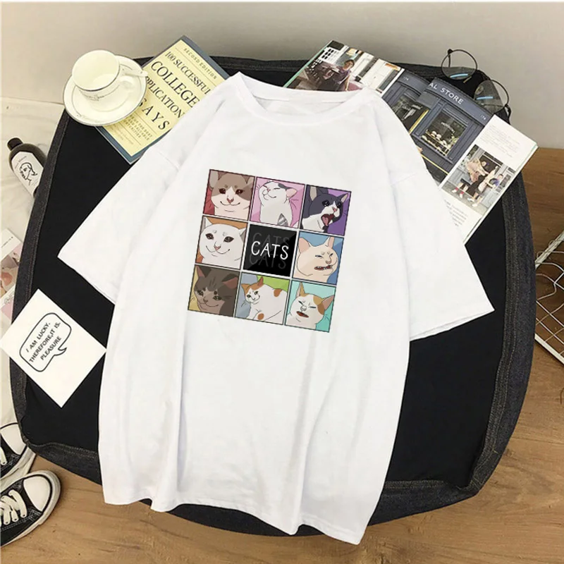 

2020 New Fashion Women T-shirt Cute Cat print Girl Tops Cartoon Harajuku Women Shirt Summer Famale Tee