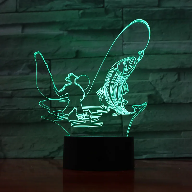 Рыбалка человек Форма светодиодный 3D настольная лампа USB 7 цветов изменяя Рыбы