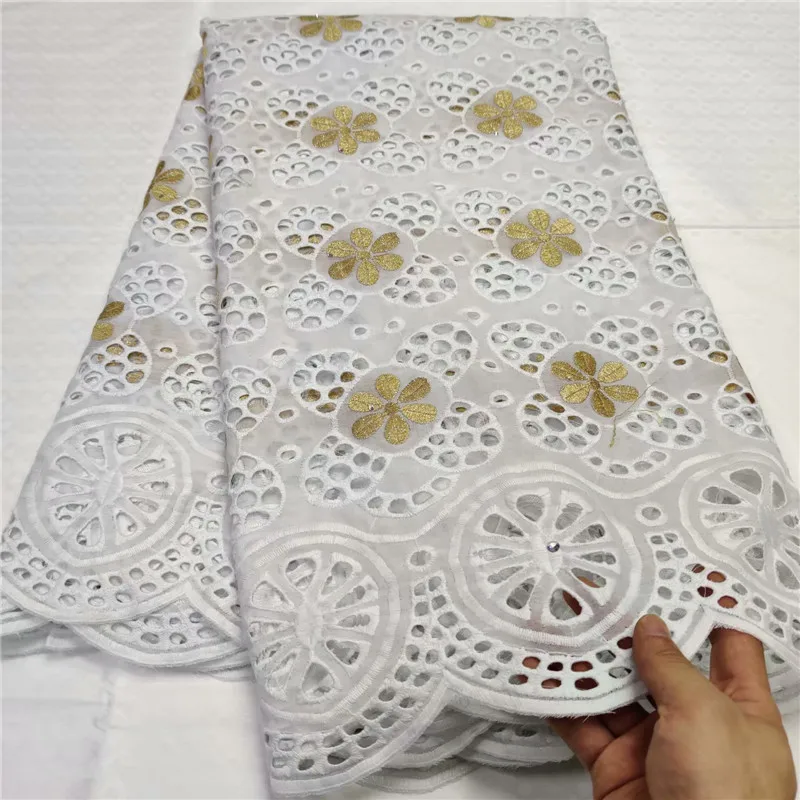 Желтая/белая африканская кружевная ткань из 100% хлопка швейцарская вуаль с