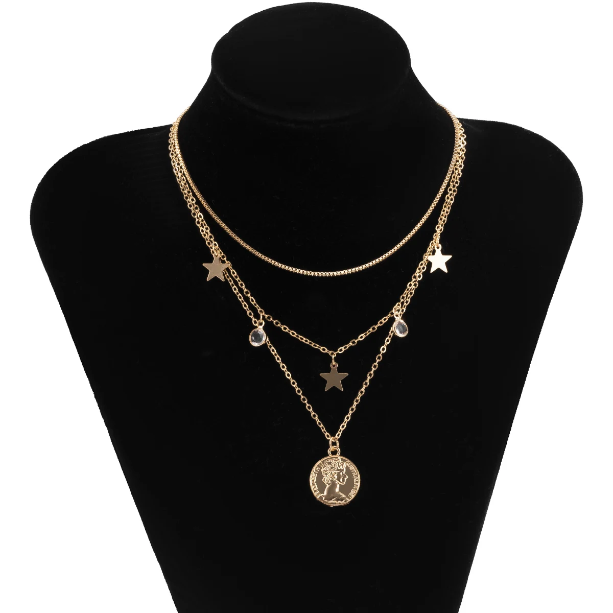 

IngeSight.Z Multi Layered Pentagram Star Tassel Choker Necklace Collar Carved Coin Human Head Pendant Necklace for Women Jewelry