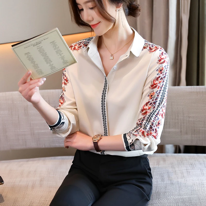 Модные женские шелковые блузки во французском стиле рубашки с цветочным принтом