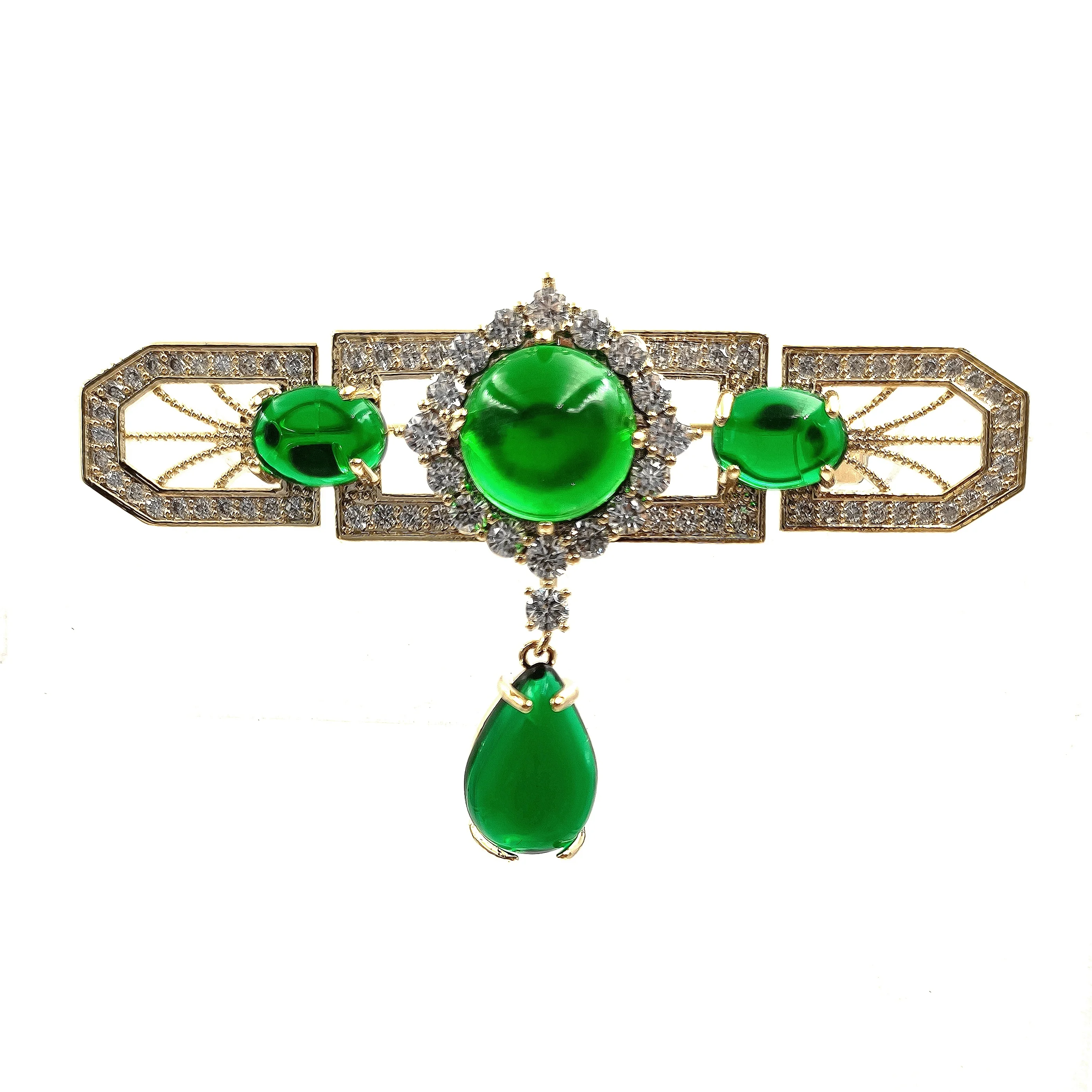 

Vintage Goldtone Green Round Stone Domed Bar Brooch with Teardrop for Business Suit Formal Dress Cardigan Cravat Costume Jewelry