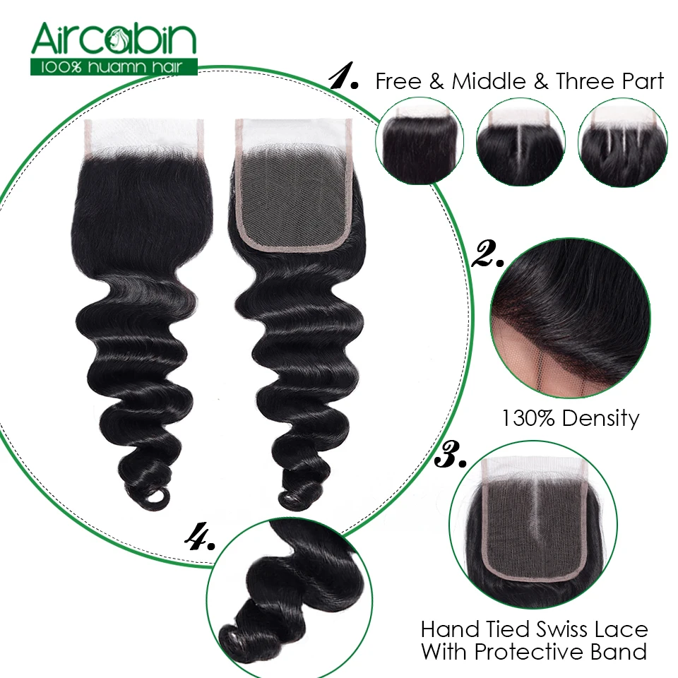 

Aircabin Brazilian Human Hair Loose Deep Lace Closure 4X4 Free/ Middle/ Three Part 8-20 inch Natural Color Remy Free Shopping
