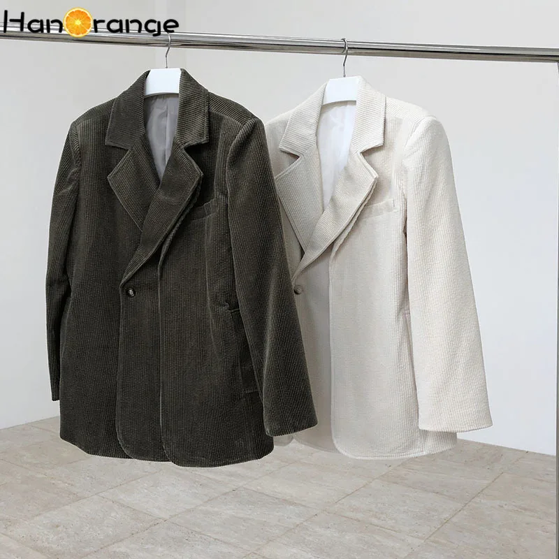 

HanOrange осенне-зимний вельветовый Ретро Модный блейзер с широким плечом и двойной планкой, Свободный Повседневный костюм, пальто для женщин
