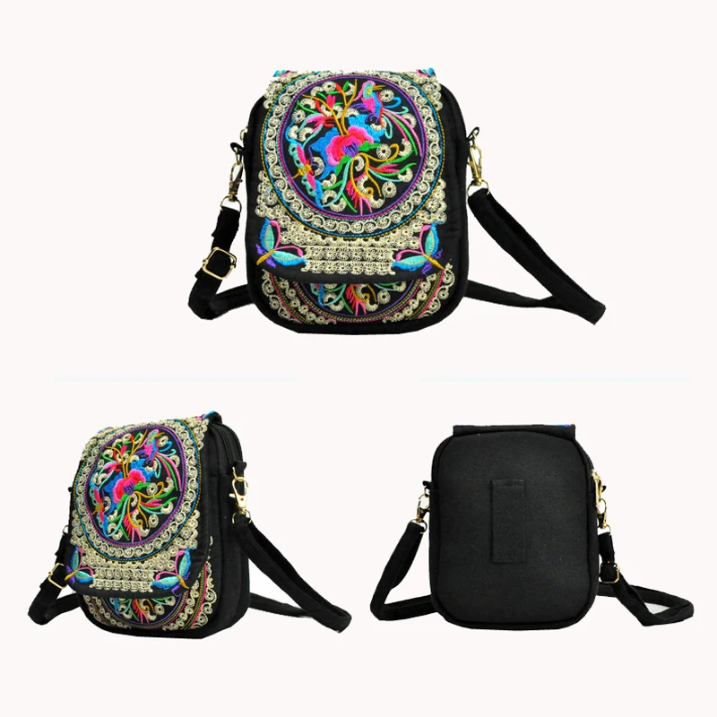 

Girls Ethnic Flowers Embroidery Heavy Duty Canvas Cotton Flap Double Zipper Phone Purse Vintage Crossbody Pouch Bags For Women
