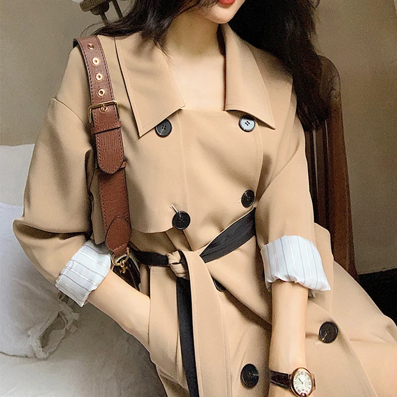Ailegogo New Autumn Women Office Lady Long Trench Coat Casual Female Turn Down Collar Double Breasted Belt OL Outwear | Женская одежда
