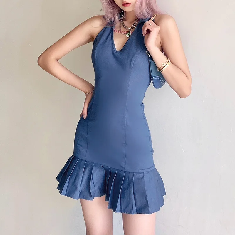 

Sexy Women Mini Dresses Solid Color High Waist Fashion Sleeveless Halter V-Neck Sling Package Hip Slim Casual Ruffle Dress Robes