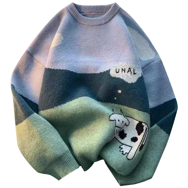 

Winter New Men Cows Vintage Sweaters 2021 Pullover Mens O-Neck Korean Fashions Sweater Women Casual Hip Hop Harajuku Clothes
