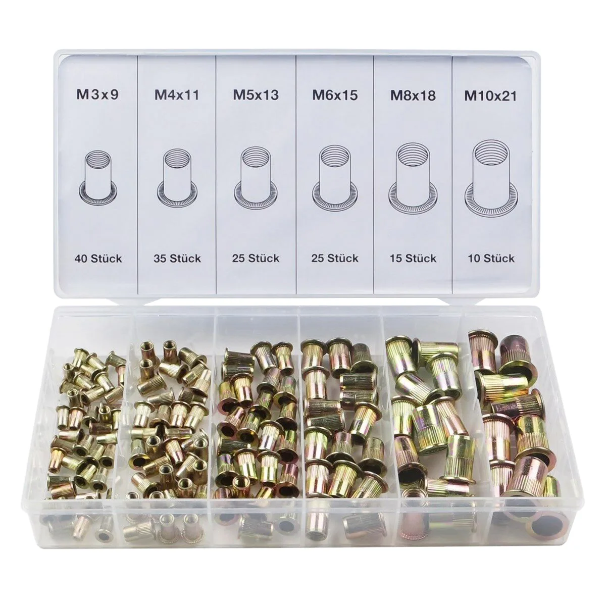 

150pcs Mixed Zinc Plated Carbon Steel Rivet Nut Threaded Rivnuts Insert M3 M4 M5 M6 M8 M10 Flat Head Threaded Insert Boxed Suit