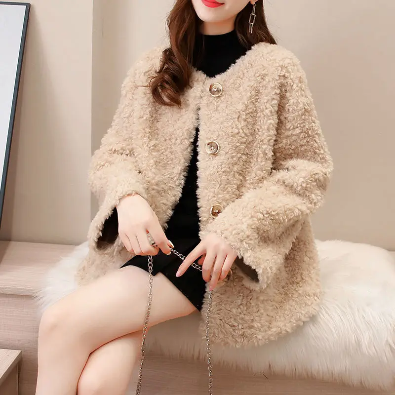 Winter Fur Coat Female 2023 Long Sheep Shearling Jackets Women Wool Casual Coats O-neck Single Breasted Jaqueta Feminina X844