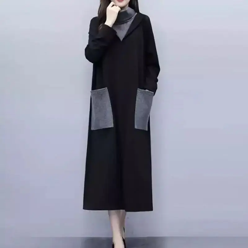 Осень зима 2021 женское Свободное длинное платье большого размера строченное