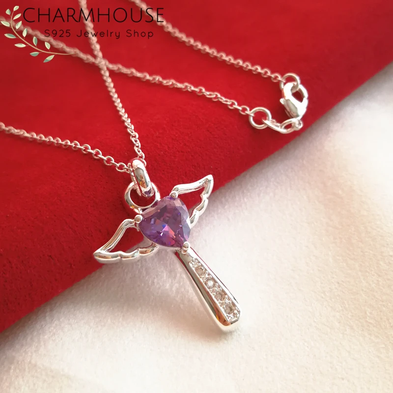 925 серебряные ожерелья для женщин Кристалл ангел крыло крест кулон и ожерелье со