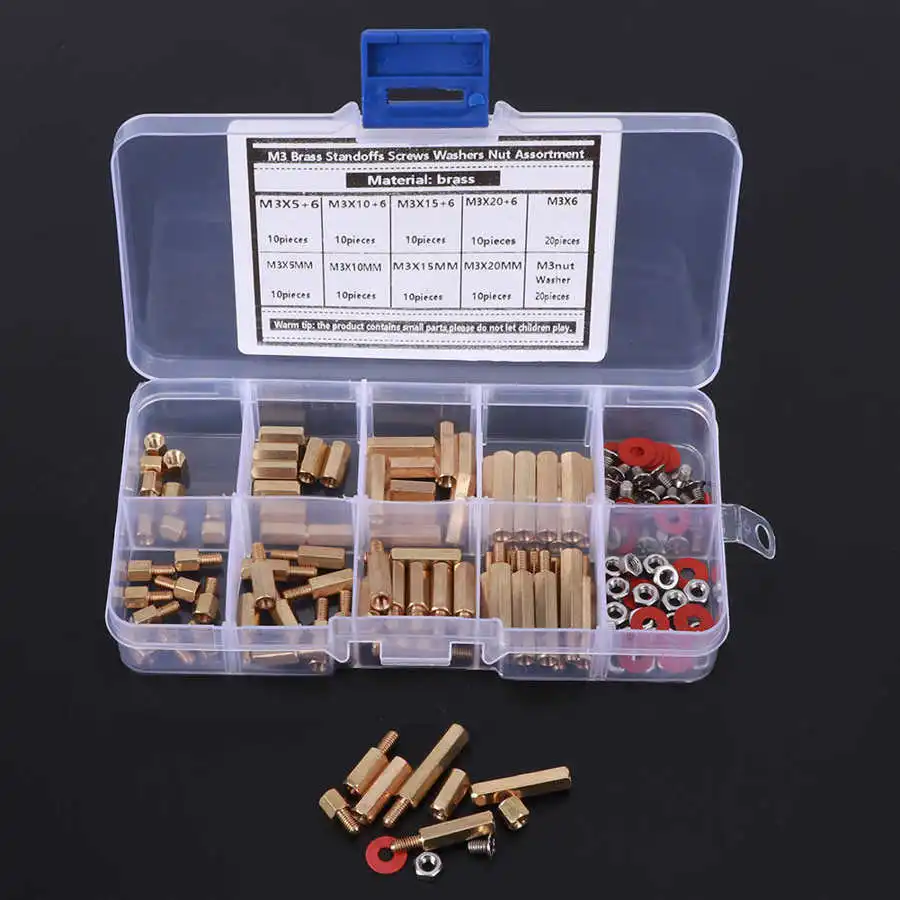 140 шт. M3 медные Опорные изоляторы Винты шайбы гайка ассортимент шестигранный