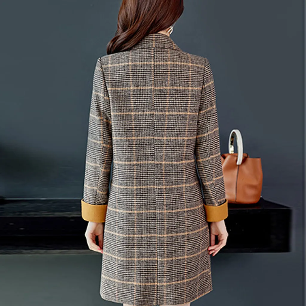 

Vogue Women Coat Fashion Plaid Vintage Winter Warm Long Sleeve Button Woolen Jacket Coat Slim Full Sleeve Suit Collar Coats