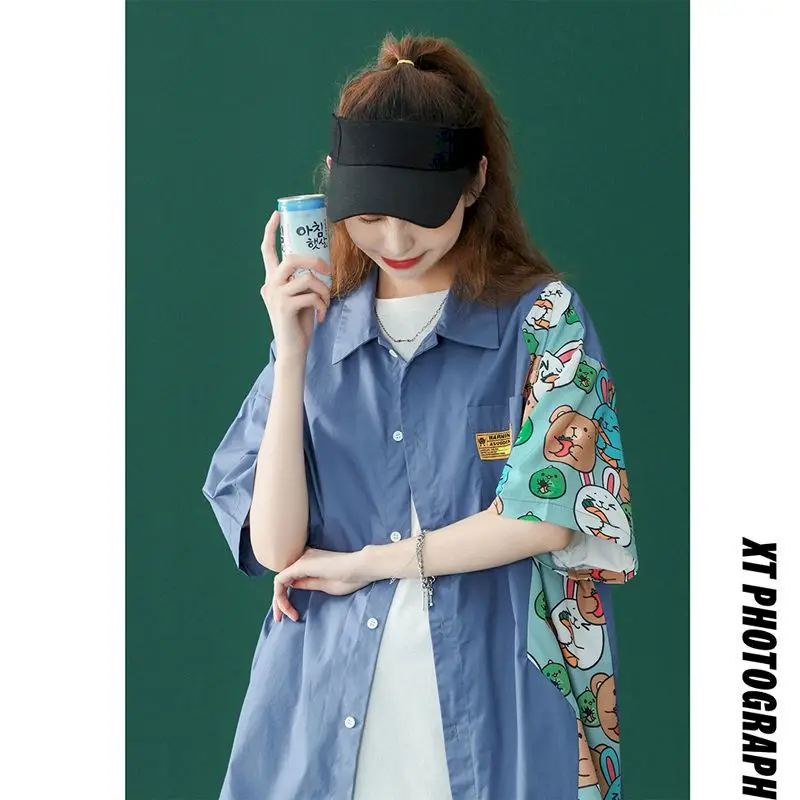 

Женская рубашка, дизайнерская нишевая рубашка с коротким рукавом и мультяшным принтом, женские и мужские летние корейские трендовые рубашк...