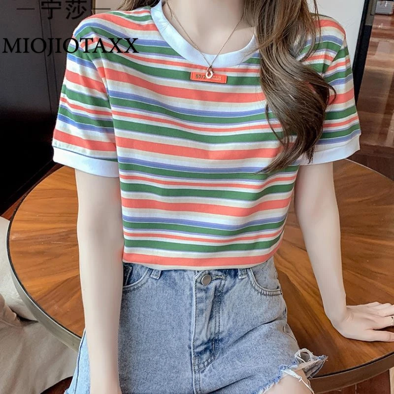 

MIOJIOTAXX Summer 2021 Korean New Fashion Loose Thin Short Sleeve Temperament Versatile Rainbow Stripe Casual Top Clothing Women