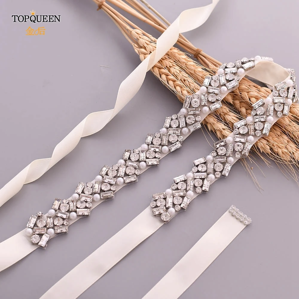 

TOPQUEEN S432 Rhinestone Belt Beaded Bridal Belt Pearl Bridal Belt Silver Sparkle Belt Satin Sash Belt Beaded Sash Belt Pink