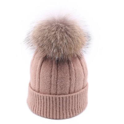 Pink Зимняя женская вязаная шапка Skullies, Женская бини, шапка с настоящим помпон из лисьего меха, Роскошные плотные теплые уличные Лыжные шапки Gorro для девочек - Цвет: Pink
