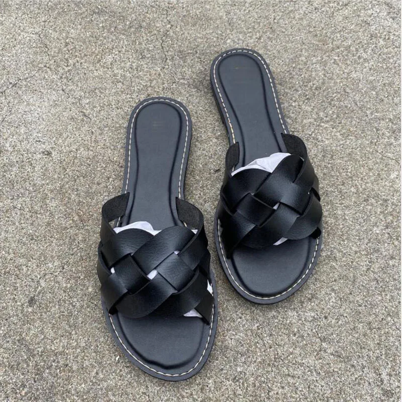

New Leather Summer Shoes Woman Retro Thin Straps Open Toe Plus Size Flat Slippers for Ladies Breathable Hollow Women Slides