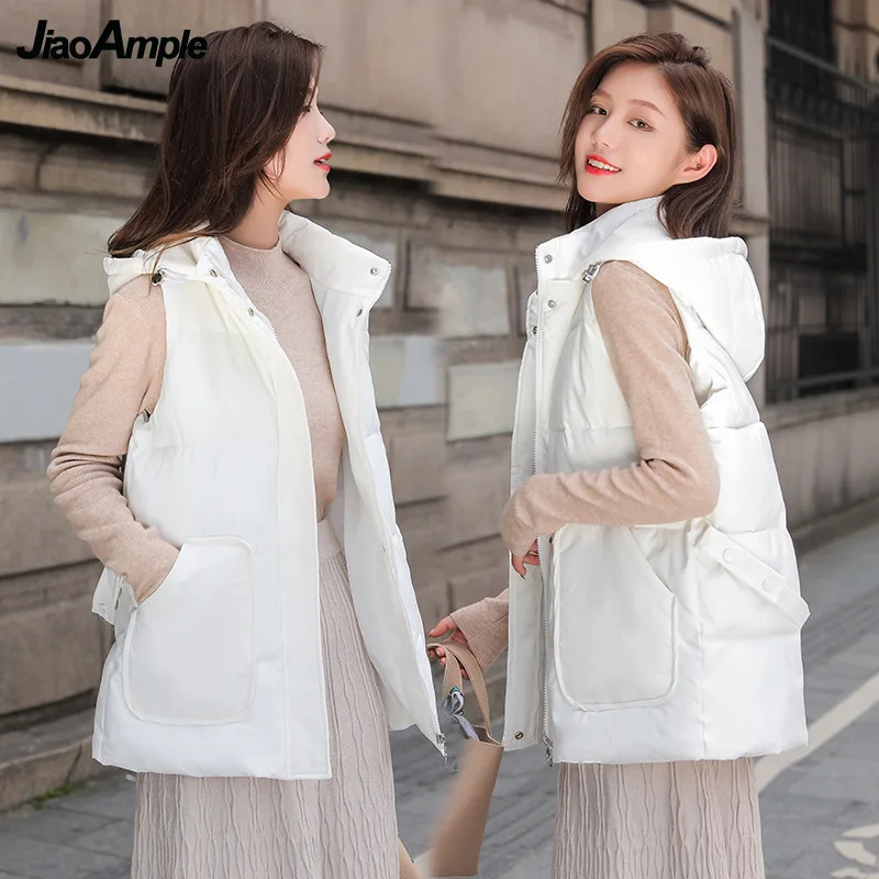 2021 Autumn Winter Cotton Vests Women Korean Sweet Student Casual Hooded Sleeveless Jacket Coats Lady Fashion Joker Pink Outwear