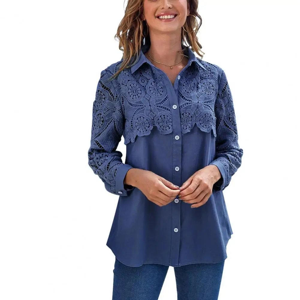 

Lace Stitching Elegant Women Blouse Shirt Long Sleeve Pure Color Spring 2022 Loose Casual Shirts Top Office Lady