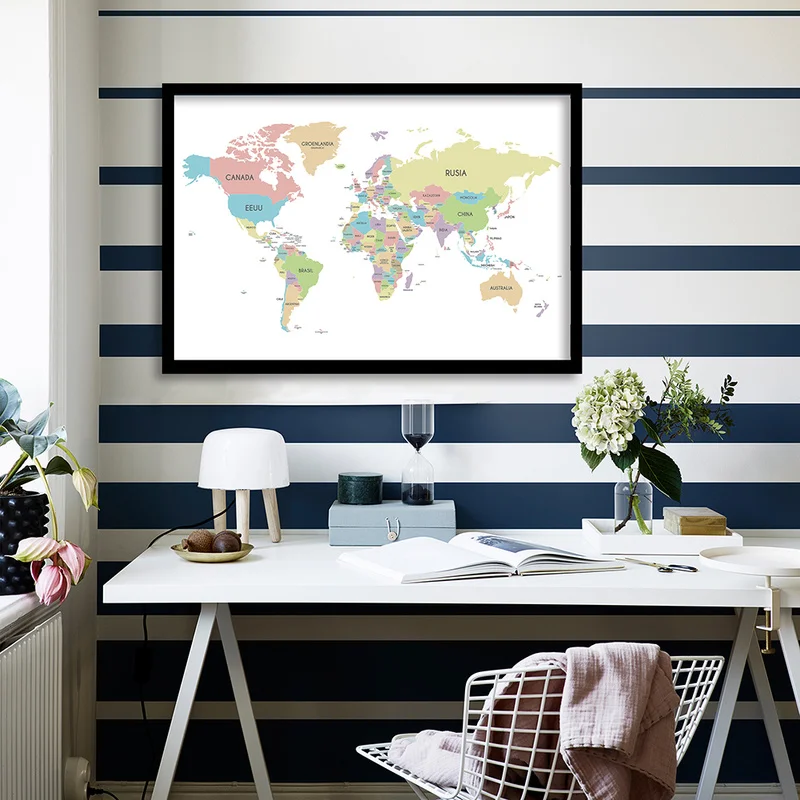 

90x60cm Spanish Map of The World Canvas Painting Political Distribution Map In Spanish Poster for Home Office Decoration