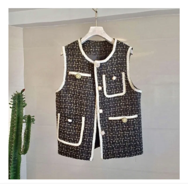 

2020 Autumn Spring Tweed Women's Vest Plaid O Neck Single Breasted Streetwear Korean Style Female Waistcoats