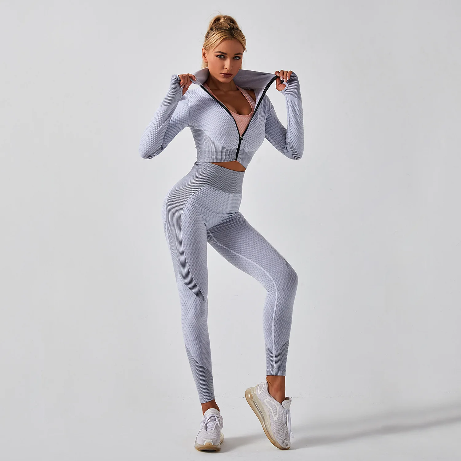 

3pcs/Set Seamless Women Yoga Set Gym Clothing Fitness Leggings+Cropped Shirt+Padded Push-up Bra Sport Suit Long Sleeve Tracksuit