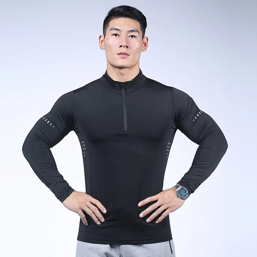 Compression T-Shirt for Men, Rashguard Long Sleeves Running T-Shirt for Gym and Football, Tight Sportswear Men's T-Shirt Zipper