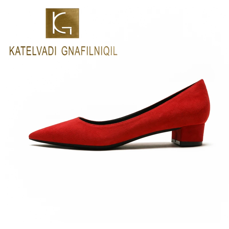 Туфли лодочки KATELVADI женские из флока с острым носком на толстом высоком низком