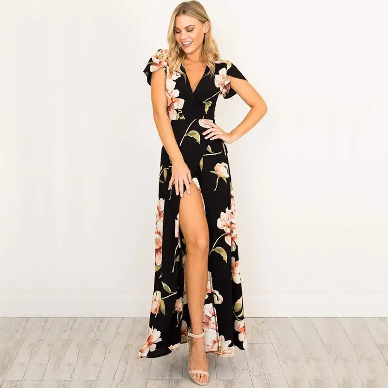 

Women Retro Black Dresses V-Neck Maxi Dress Floral Printed Party Dress Mother Of Bride Dresses Female Vestidos WS647C