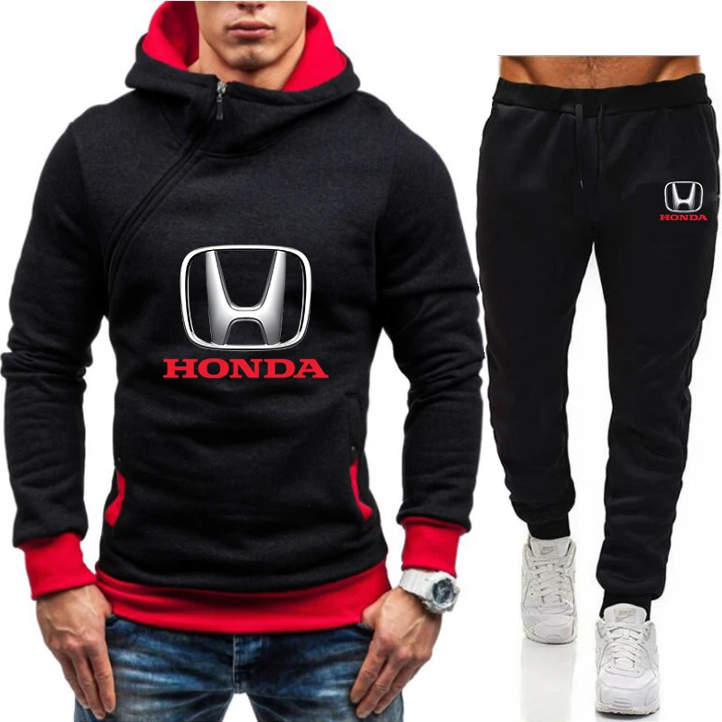 

2021 осенний и зимний мужской комплект из двух предметов, логотип автомобиля HONDA с диагональным молниям пуловер свитер с капюшоном для бега сп...