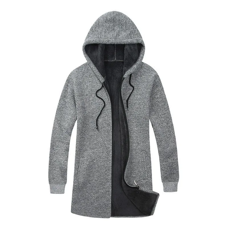 Winter Casual Thick Fleece Lining Mens Medium Length Trench Coats Long Sleeve Knitting Male Hooded Streetwear Plus Size | Мужская одежда