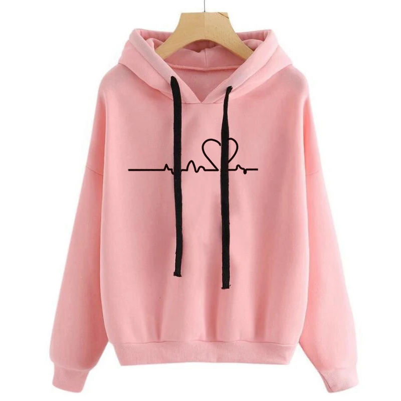 

New Women Sweatshirt Hoody Ladies Hooded Heartbeat Printed Casual Pullovers Girls Long Sleeve Autumn Winter Clothes Plus Size