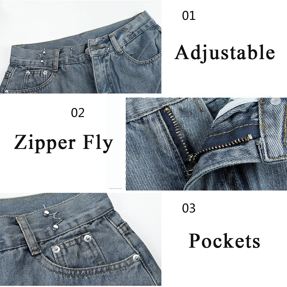 

Women Mopping Jeans Baggy Solid Fashionable Boyfriend Unisex Adjustable Waist Designer Leisure Streetwear Females Trousers Chic