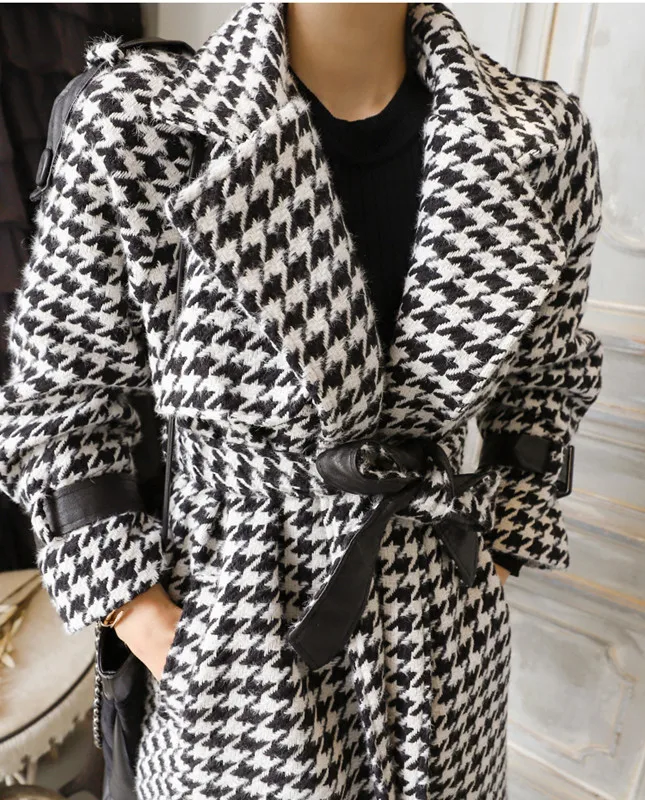 

Houndstooth Cardigan Woolen Coat 2020 Autumn Winter New Korean Ladies Loose Double-Breasted Waist Woolen Cloth Mid-Length Coat