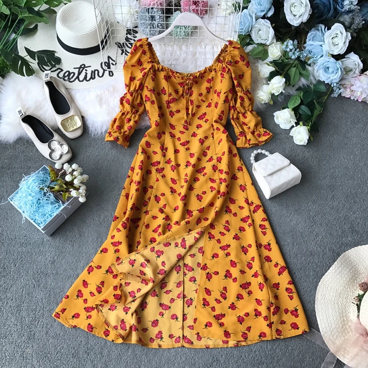 Лето 2019 Ретро стиль желтый принт тонкая высокая талия половина рукава